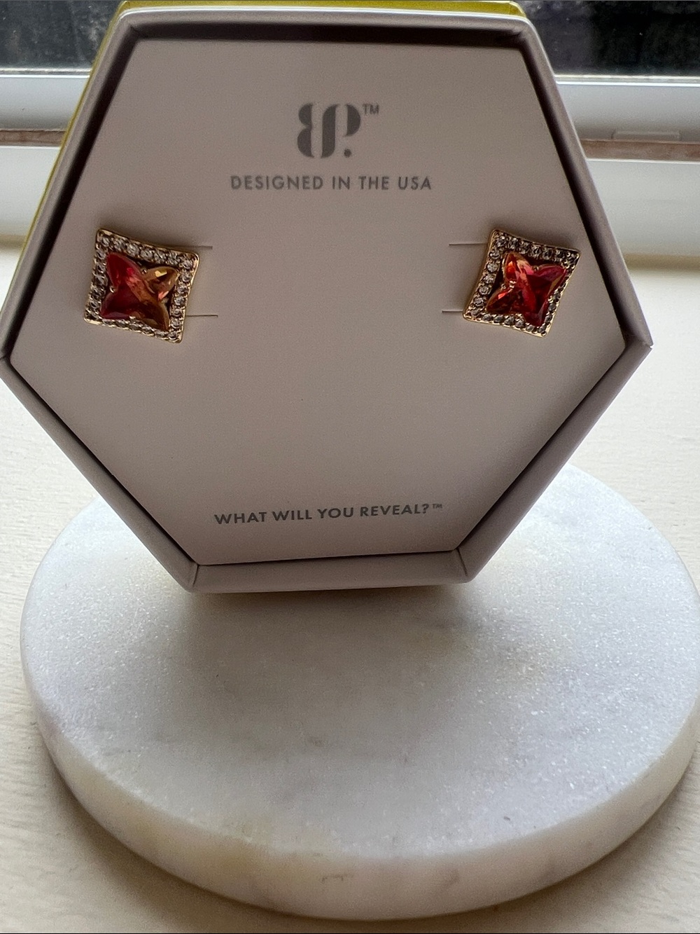 Gold-Tone Red Crystal Square Stud Earrings - Designed in the USA